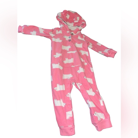 Carters Pajamas Girl's Pink Polar Bear Hooded Fleece Jumpsuit Snap-Up - Picture 2 of 5